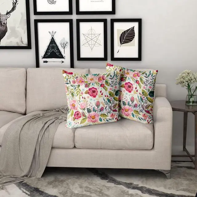 Alt view image 7 of 7 - Spring Summer Flower Throw Pillow Covers 18X18 Inch Watercolor Peony Pillowcase Hot Pink Floral with Green Leaves Girly Decorative Square Cotton Cushion Cover Set of 2 for Home Garden Outdoor Bed