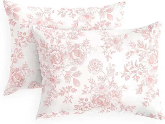 Main image of Floral Pillow Cases, Shabby Chic Cottagecore Coquette Style with Vintage Flower Pattern, Set of 2 Soft Pillowcases Pillow Shams Covers, Pink White, Standard Size 20x26 Inches