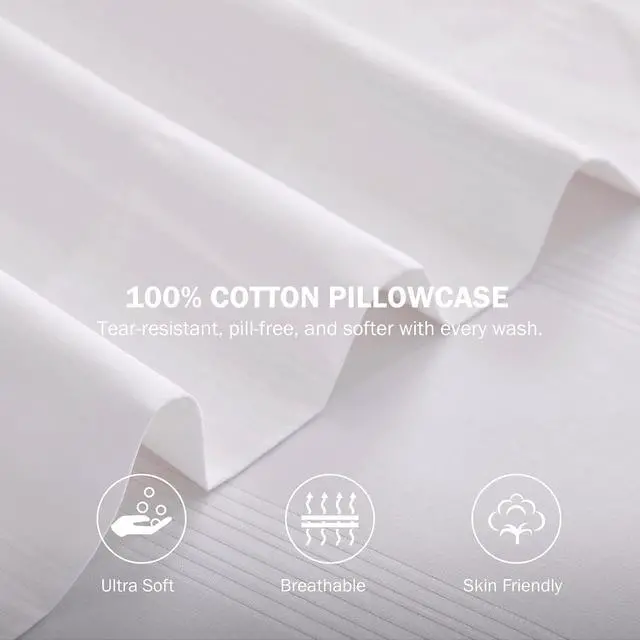 Alt view image 3 of 7 - 100% Cotton Pillow Cases Set of 2, Sateen Stripe Standard Size Pillowcase, Soft Breathable Pillow Covers, Hotel Quality Bedding, 20" x 30", White