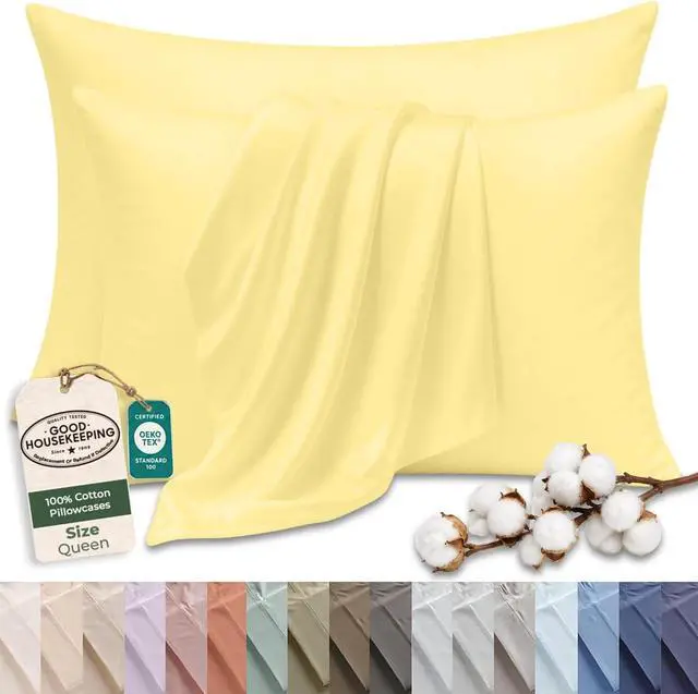 Main image of Royale Linens 100% Cotton Pillow Cases Queen Size Set of 2 - Percale Pillowcase - Yellow Pillow Cases Super Soft Cooling & Breathable Hotel Cotton Pillowcases, Fits Queen Pillows (20"x30", Yellow)