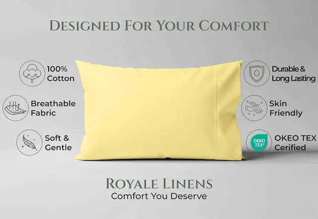 Alt view image 2 of 7 - Royale Linens 100% Cotton Pillow Cases Queen Size Set of 2 - Percale Pillowcase - Yellow Pillow Cases Super Soft Cooling & Breathable Hotel Cotton Pillowcases, Fits Queen Pillows (20"x30", Yellow)