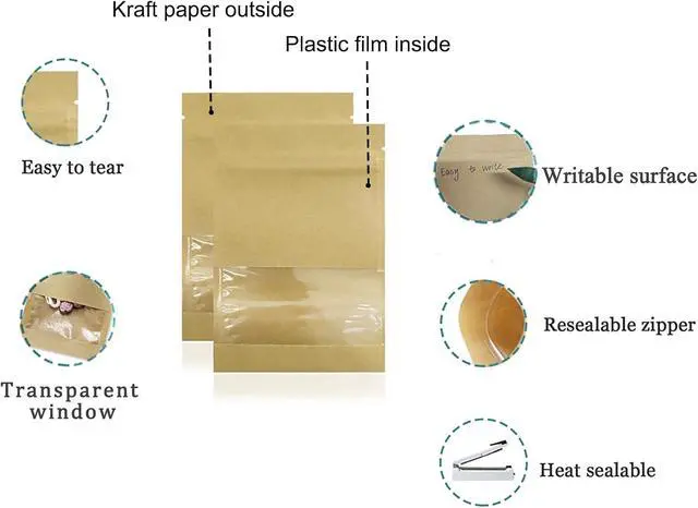 Alt view image 2 of 4 - PABCK 100 Pack 2.7x3.5 inch Clear Window Brown Kraft Paper Bag Resealable