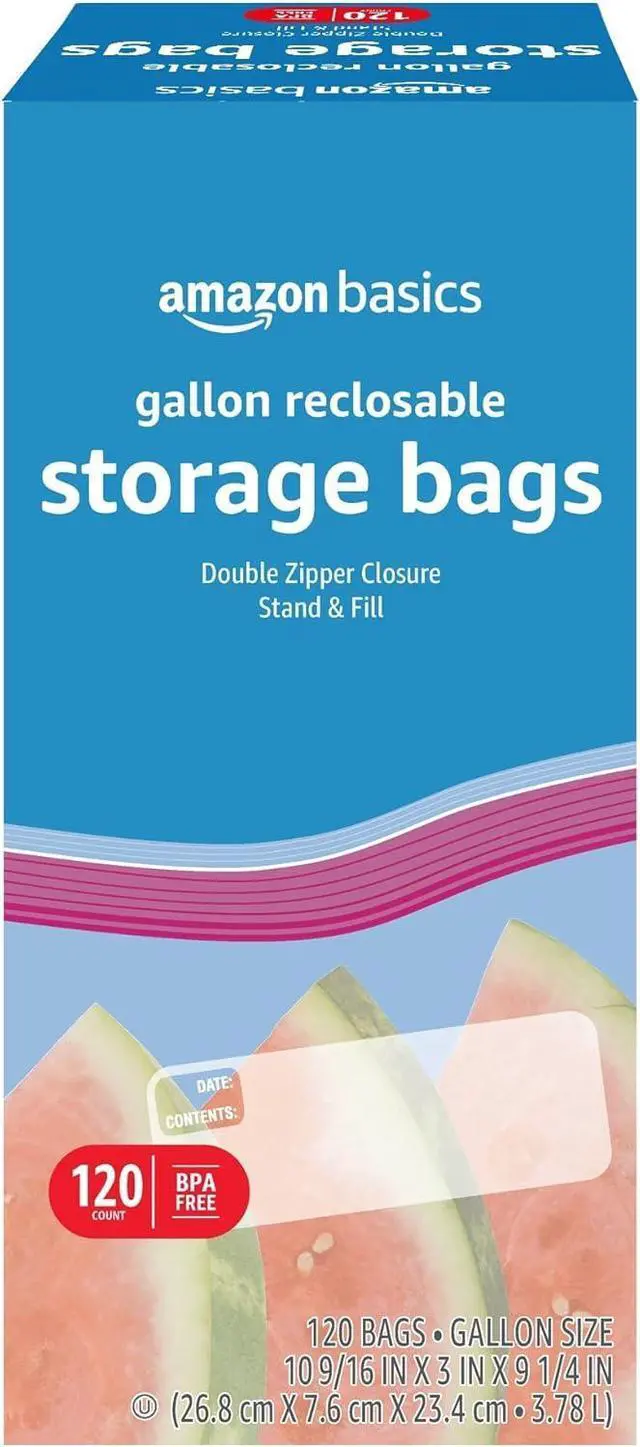Main image of Amazon Basics Reclosable Gallon Food Storage Bags with Double Zipper Seal, Stand and Fill Base, BPA Free, 120 Count