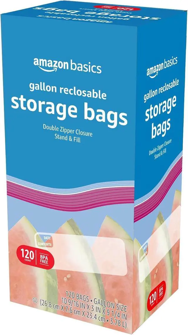 Alt view image 5 of 5 - Amazon Basics Reclosable Gallon Food Storage Bags with Double Zipper Seal, Stand and Fill Base, BPA Free, 120 Count