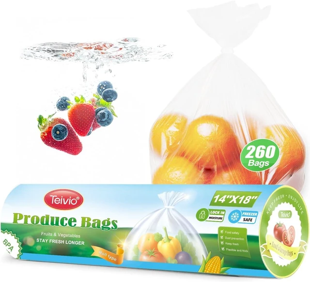 Main image of Teivio 260 Count 14" x 18" Plastic Produce Bags on A Roll, Clear Kitchen Disposable Plastic Storage Bags for Bread Fruit Vegetable