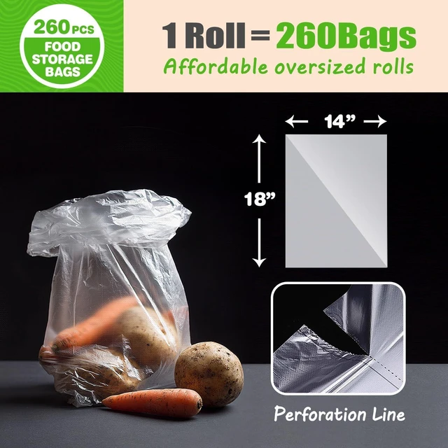 Alt view image 2 of 7 - Teivio 260 Count 14" x 18" Plastic Produce Bags on A Roll, Clear Kitchen Disposable Plastic Storage Bags for Bread Fruit Vegetable