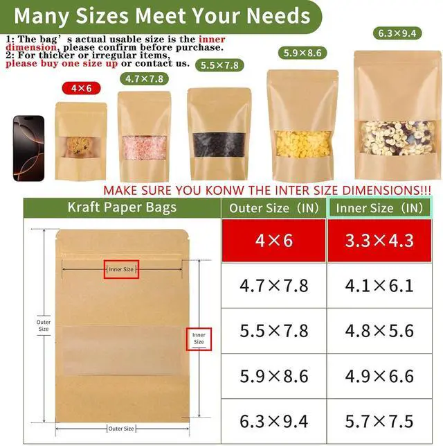 Alt view image 3 of 7 - Kraft Paper Bags with Transparent Window, Stand Up Pouches Smell Proof Bags