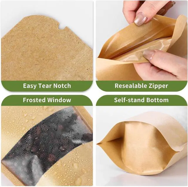 Alt view image 5 of 7 - Kraft Paper Bags with Transparent Window, Stand Up Pouches Smell Proof Bags