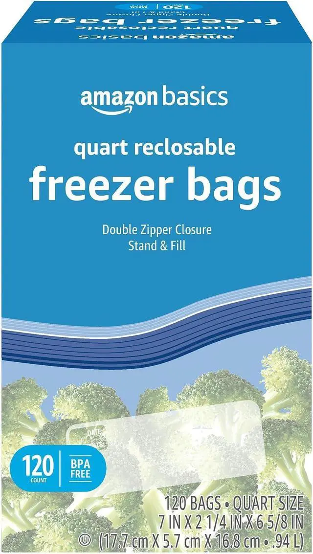 Main image of Amazon Basics Reclosable Freezer Quart Food Storage Bags with Zipper Seal, BPA Free, Stand and Fill, Airtight, 120 Count (Previously Solimo)