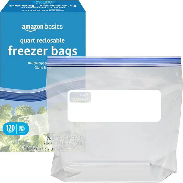 Alt view image 3 of 5 - Amazon Basics Reclosable Freezer Quart Food Storage Bags with Zipper Seal, BPA Free, Stand and Fill, Airtight, 120 Count (Previously Solimo)