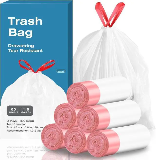 Main image of KUK 1.6 Gallon Drawstring Trash Bags - 60 Count White Small Garbage Bags, Unscented Strong Plastic Waste Basket Liners for Home/Office/Car, Fits 4.5-8 Liter Bins, 6 Rolls with Tear-Free Design