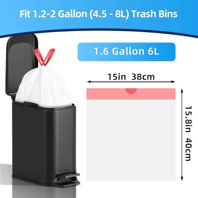 Alt view image 2 of 7 - KUK 1.6 Gallon Drawstring Trash Bags - 60 Count White Small Garbage Bags, Unscented Strong Plastic Waste Basket Liners for Home/Office/Car, Fits 4.5-8 Liter Bins, 6 Rolls with Tear-Free Design