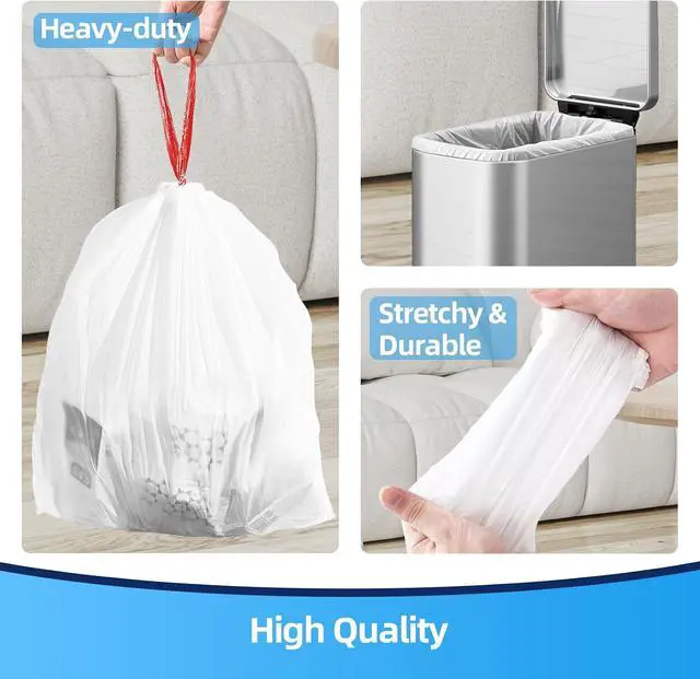 Alt view image 3 of 7 - KUK 1.6 Gallon Drawstring Trash Bags - 60 Count White Small Garbage Bags, Unscented Strong Plastic Waste Basket Liners for Home/Office/Car, Fits 4.5-8 Liter Bins, 6 Rolls with Tear-Free Design