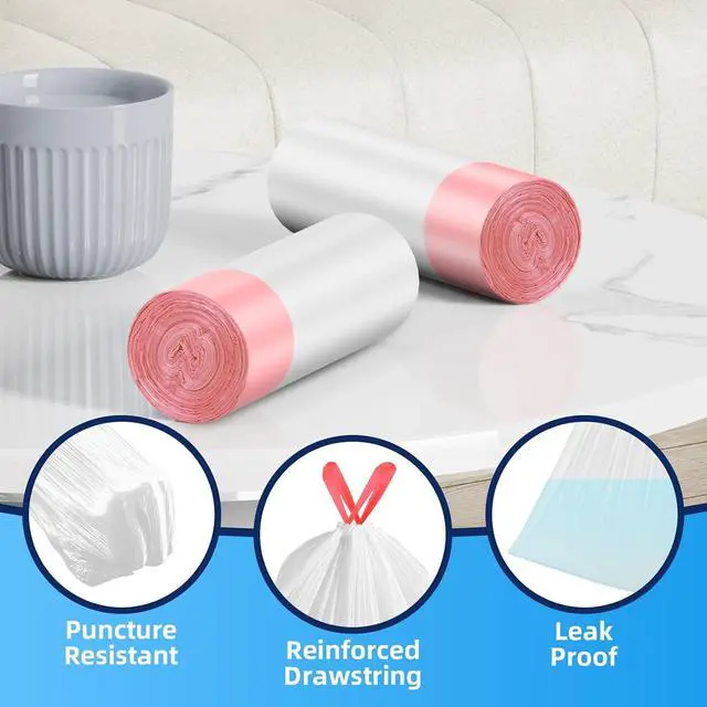 Alt view image 5 of 7 - KUK 1.6 Gallon Drawstring Trash Bags - 60 Count White Small Garbage Bags, Unscented Strong Plastic Waste Basket Liners for Home/Office/Car, Fits 4.5-8 Liter Bins, 6 Rolls with Tear-Free Design