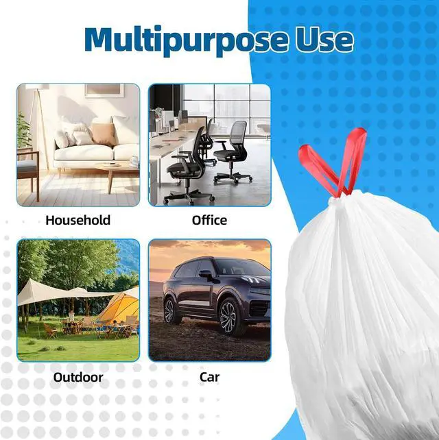 Alt view image 7 of 7 - KUK 1.6 Gallon Drawstring Trash Bags - 60 Count White Small Garbage Bags, Unscented Strong Plastic Waste Basket Liners for Home/Office/Car, Fits 4.5-8 Liter Bins, 6 Rolls with Tear-Free Design