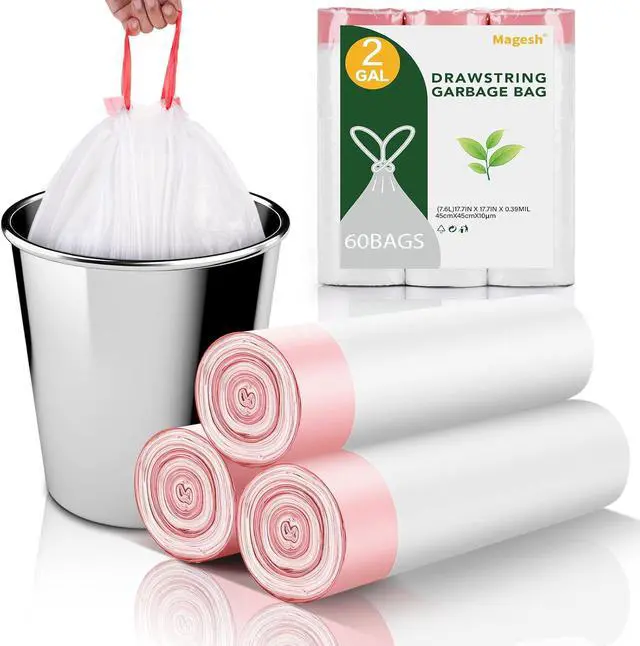 Main image of 2 Gallon Small Trash-Bags Drawstring Bathroom - White Mini Garbage Bags 60 Count Plastic Unscented 7.5L Tiny Waste Basket Liners Kitchen Office Car Strong Thick Bulk Magesh