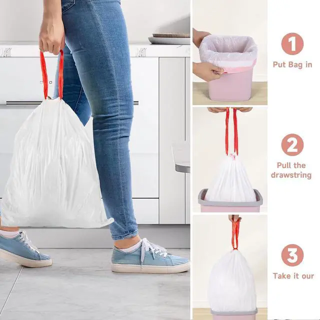 Alt view image 6 of 7 - 2 Gallon Small Trash-Bags Drawstring Bathroom - White Mini Garbage Bags 60 Count Plastic Unscented 7.5L Tiny Waste Basket Liners Kitchen Office Car Strong Thick Bulk Magesh
