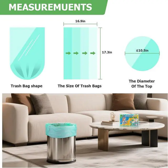 Alt view image 2 of 7 - 2 Gallon Mini Green Trash Bag - Small Garbage Bags For Bathroom Can 100 Count 7.5 Liter Unscented Compostable Biodegradable Tiny Little Waste Basket Liners Kitchen Car Office Strong Thick Heihaily