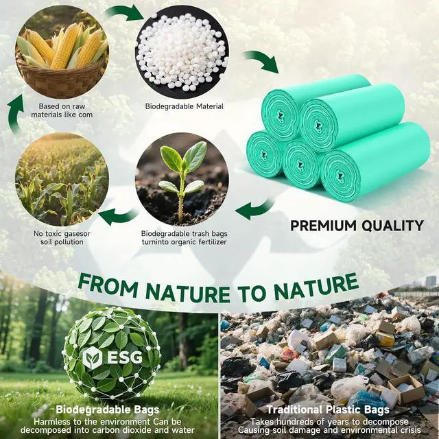 Alt view image 3 of 7 - 2.6 Gallon Small Trash Bags Bathroom - Green Mini Garbage Bags Biodegradable Compostable 100 Count 10 Liter Unscented Little Waste Basket Kitchen Office Car Tiny Liners Strong Thick Heihaily