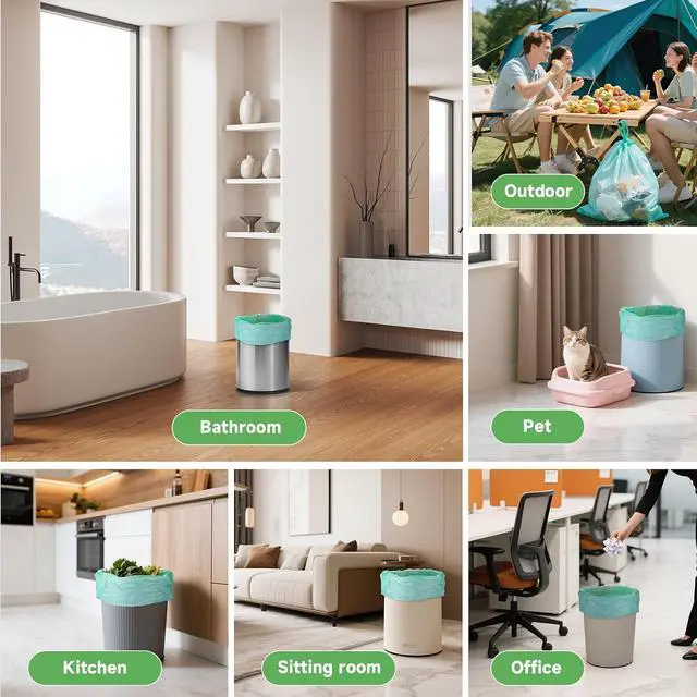 Alt view image 5 of 7 - 2.6 Gallon Small Trash Bags Bathroom - Green Mini Garbage Bags Biodegradable Compostable 100 Count 10 Liter Unscented Little Waste Basket Kitchen Office Car Tiny Liners Strong Thick Heihaily