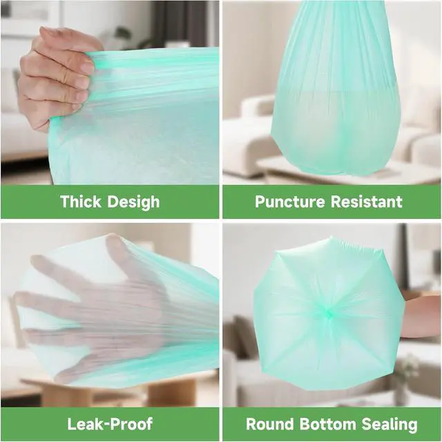 Alt view image 6 of 7 - 2.6 Gallon Small Trash Bags Bathroom - Green Mini Garbage Bags Biodegradable Compostable 100 Count 10 Liter Unscented Little Waste Basket Kitchen Office Car Tiny Liners Strong Thick Heihaily
