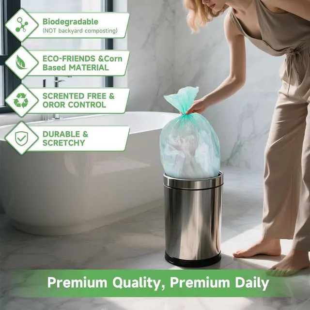 Alt view image 7 of 7 - 2.6 Gallon Small Trash Bags Bathroom - Green Mini Garbage Bags Biodegradable Compostable 100 Count 10 Liter Unscented Little Waste Basket Kitchen Office Car Tiny Liners Strong Thick Heihaily