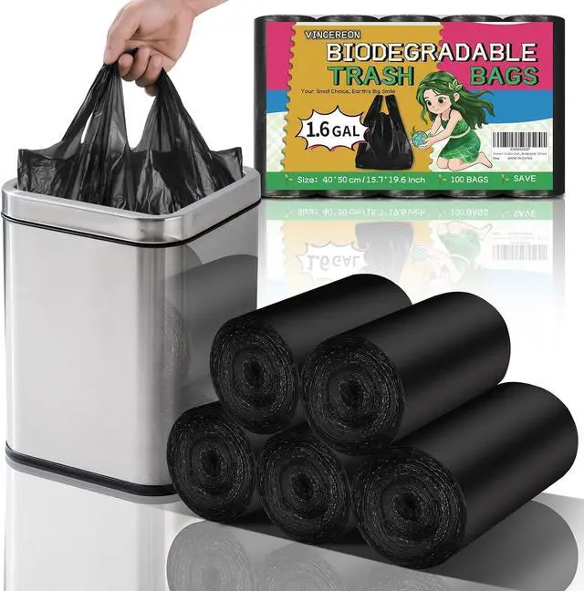 Main image of 1.6 Gallon Small Trash Bags Bathroom Black, Mini Garbage Bags with Handles,Fit 1.3-1.5Gal6 Liter Unscented Wastebasket Liners for Car Office Kitchen, Biodegradable, 100 Count