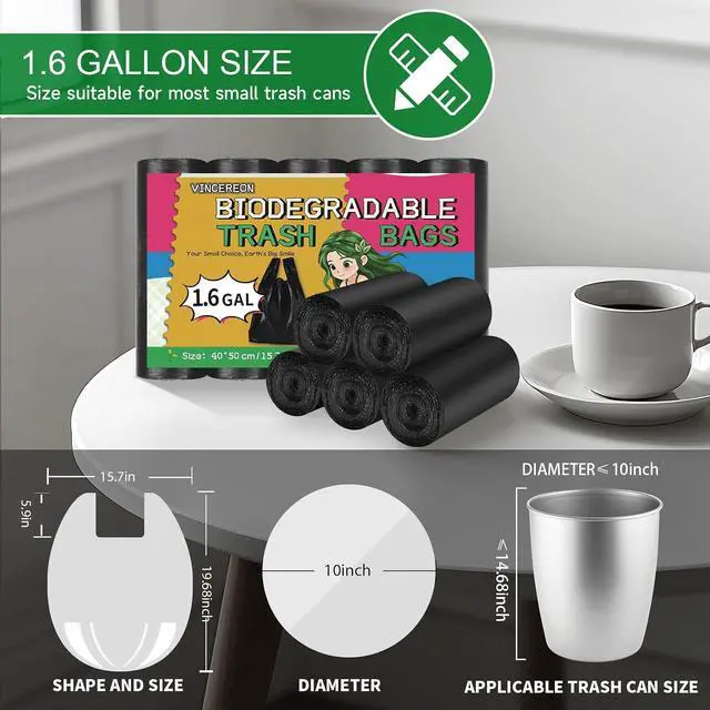 Alt view image 2 of 7 - 1.6 Gallon Small Trash Bags Bathroom Black, Mini Garbage Bags with Handles,Fit 1.3-1.5Gal6 Liter Unscented Wastebasket Liners for Car Office Kitchen, Biodegradable, 100 Count