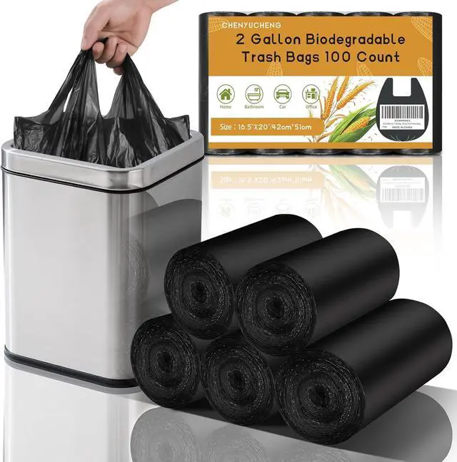 Main image of Small Bathroom Trash Bags 2 Gallon - Black Mini Garbage Bags With Handle Biodegradable Compostable 100 Count Kitchen Office Car Little Waste Basket Unscented Tiny Liners Strong Thick Chenyucheng