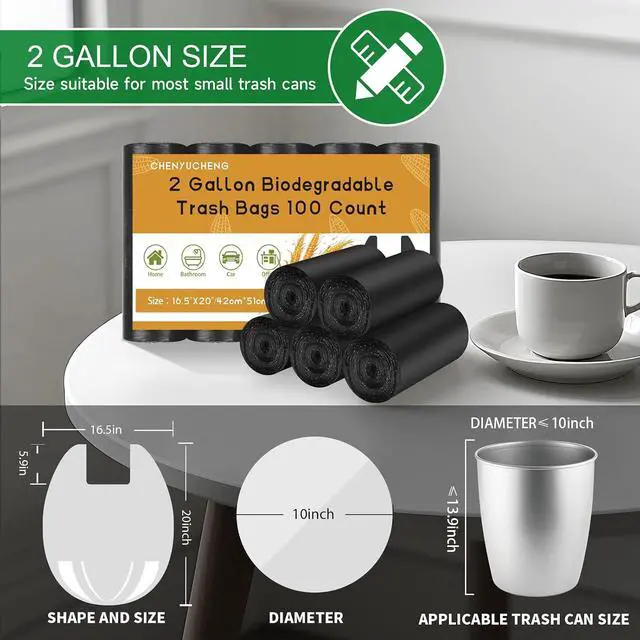 Alt view image 3 of 7 - Small Bathroom Trash Bags 2 Gallon - Black Mini Garbage Bags With Handle Biodegradable Compostable 100 Count Kitchen Office Car Little Waste Basket Unscented Tiny Liners Strong Thick Chenyucheng