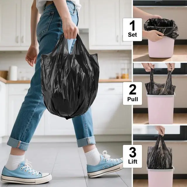 Alt view image 5 of 7 - 1.6 Gallon Small Trash Bags Bathroom Black, Mini Garbage Bags with Handles,Fit 1.3-1.5Gal6 Liter Unscented Wastebasket Liners for Car Office Kitchen, Biodegradable, 100 Count