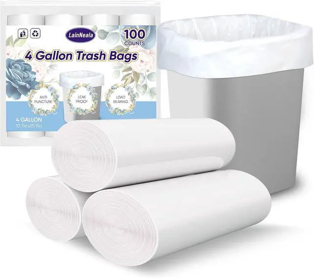 Main image of LainNeala Small Trash Bags 4 Gallon, 100 Count Small Garbage Bag Bathroom White Mini Trash Bag Trash Can Liners Unscented Small Garbage Bags for Bathroom Can