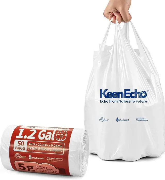 Main image of Small Trash Bags with Handles - Ocean Plastic Upcycling - Plastic Garbage Bags, Can Bin & Waste Basket Liner for Kitchen, Bathroom, Office and Pets,1.2 Gallon 50 Count White