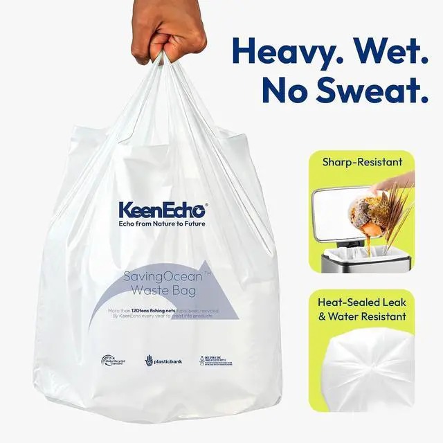 Alt view image 3 of 7 - Small Trash Bags with Handles - Ocean Plastic Upcycling - Plastic Garbage Bags, Can Bin & Waste Basket Liner for Kitchen, Bathroom, Office and Pets,1.2 Gallon 50 Count White