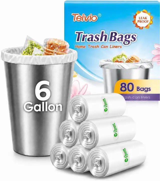 Main image of Teivio 6 Gallon 80 Counts Medium Garbage Bags Trash Bags, Bathroom Trash Can Bin Liners, Plastic Bags for home office kitchen,Garden Outdoors waste,Clear