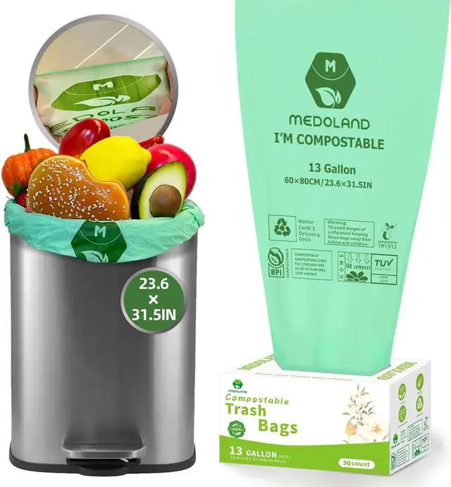 Main image of BPI Certified Compostable Trash Bags 13Gallon (30 Count) - 3X Thicker Than Regular, Leak & Tear Resistant for Kitchen/Garden/Food Waste, 90-Day Breakdown in Home/Industrial Use, 0.91mils Plant-Based