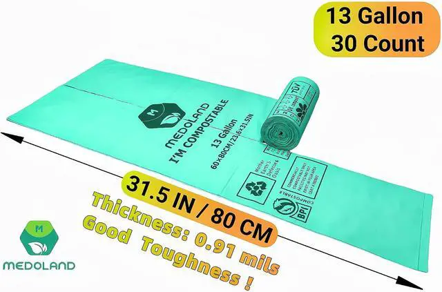 Alt view image 2 of 7 - BPI Certified Compostable Trash Bags 13Gallon (30 Count) - 3X Thicker Than Regular, Leak & Tear Resistant for Kitchen/Garden/Food Waste, 90-Day Breakdown in Home/Industrial Use, 0.91mils Plant-Based