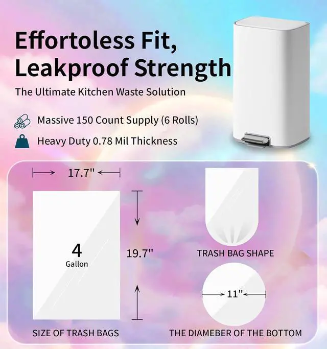 Alt view image 3 of 7 - Small Trash Bags 4 Gallon, 0.86 Mil, Unscented, Colored, 150 Count