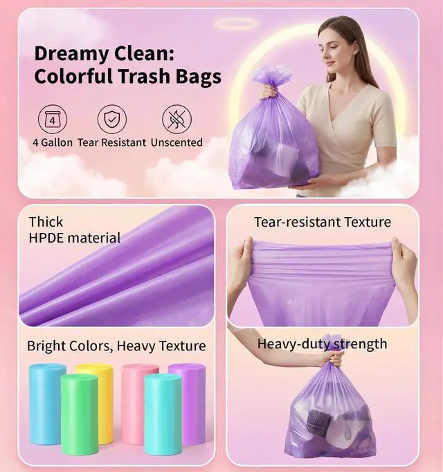 Alt view image 4 of 7 - Small Trash Bags 4 Gallon, 0.86 Mil, Unscented, Colored, 150 Count
