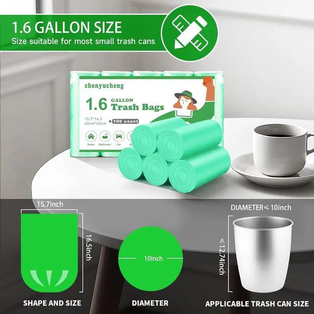Alt view image 2 of 6 - 1.6 Gallon Mini Trash-Bags For Bathroom Compostable - Green Small Garbage BagsFit 1.3-1.5GalBiodegradable 100 Count 6 Liter Unscented Tiny Waste Basket Liners Kitchen Office Car Thick Chenyucheng