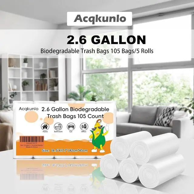 Alt view image 6 of 6 - 2.6 Gallon Small White Trash-Bag biodegradable - Mini compostable Garbage Bags bathroom For Bathroom Kitchen Office Car Can 105 Count 10 Liter Little Waste Basket Liners Unscented Acqkunlo