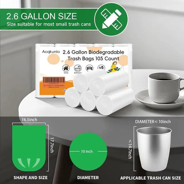 Alt view image 3 of 6 - 2.6 Gallon Small White Trash-Bag biodegradable - Mini compostable Garbage Bags bathroom For Bathroom Kitchen Office Car Can 105 Count 10 Liter Little Waste Basket Liners Unscented Acqkunlo