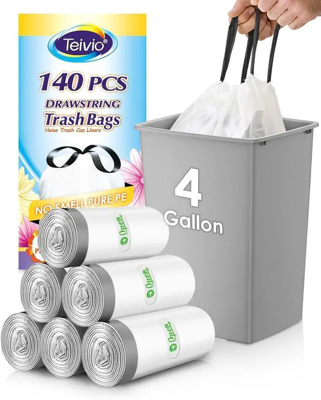 Main image of 4 Gallon 140 Counts Strong Drawstring Trash Bags Garbage Bags by Teivio, Bathroom Trash Can Bin Liners, Small Plastic Bags for home office kitchen, White