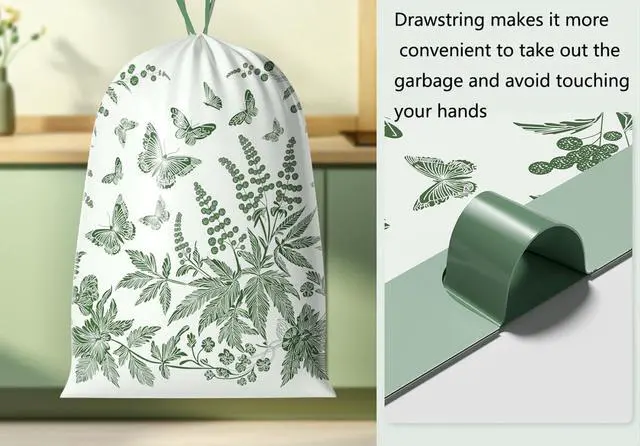 Alt view image 5 of 7 - 4 Gallon Small Trash Bags No-Tearing Drawstring 1.1 Mil Thick - 64 Count Small Garbage Bags Wormwood scent for Bathroom Kitchen Toilet Home Office and Bedroom (Green 64 Count)