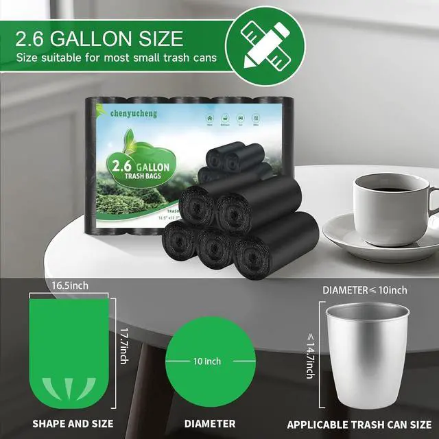 Alt view image 3 of 6 - 2.6 Gallon Small-Trash-Bag Bathroom Biodegradable Black - Mini Garbage Bags Compostable Unscented 100 Count Waste Basket Liners 10 Liter Tiny Kitchen Office Car Strong Thick Bulk Chenyucheng