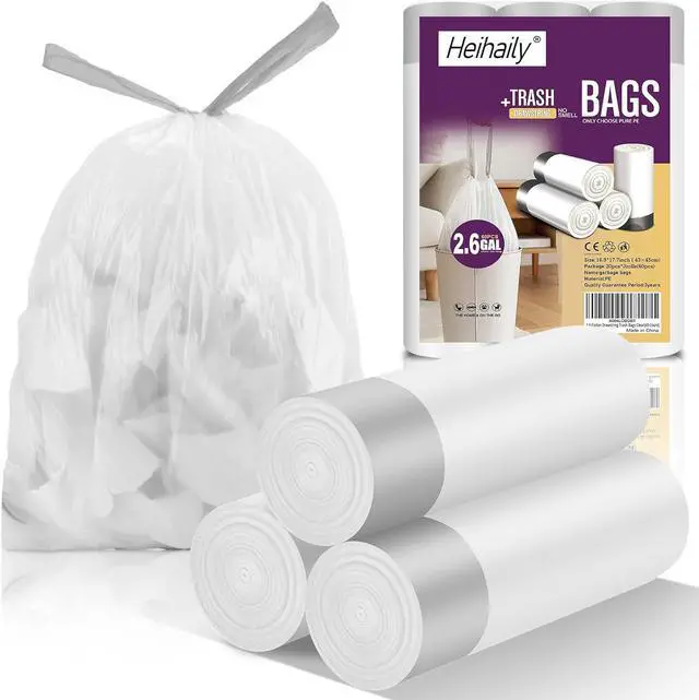Main image of 2.6 Gallon Small Trash Bags, Heihaily 60 Count Clear Drawstring Garbage Bags with Leak-Proof Bottom for Bathroom, Office & Bedroom, 16.9 x 17.7 Inch Heavy Duty Plastic Waste Bags