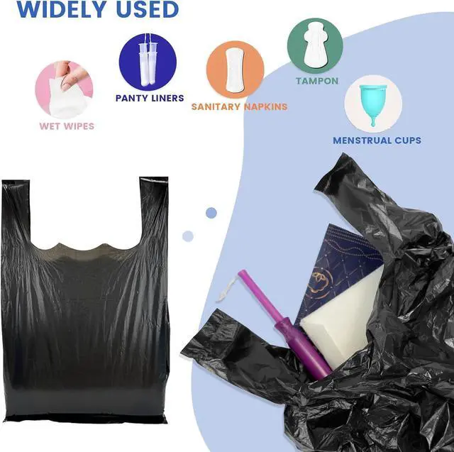 Alt view image 3 of 5 - Personal Disposal Sanitary Napkin Bags, Black Little Waste Bags, 300 Pack, Disposable Plastic Trash Bags with Handles for Feminine Tampons Hygiene Products