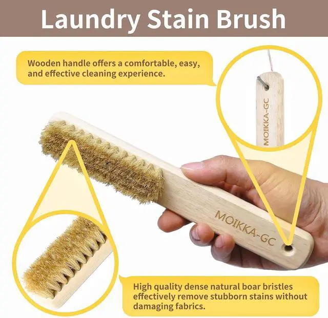Alt view image 3 of 7 - Wood Laundry Stain Brush with Boar Bristle, Tough Stain Remover for Delicate Fabric, Cotton, Linens, and Shoes, Laundry Scrub Brush for Fresh and Clean Fabric