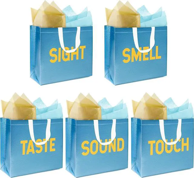 Main image of H1vojoxo 5 Senses Gift Bags - 5PCS Non Woven Laser Large Capacity Gift Handbags with Blue and Gold Tissue Papers for Men, Women, Him Her Birthday, Anniversary, Wedding, Graduation, Valentine's Day