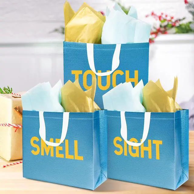 Alt view image 4 of 6 - H1vojoxo 5 Senses Gift Bags - 5PCS Non Woven Laser Large Capacity Gift Handbags with Blue and Gold Tissue Papers for Men, Women, Him Her Birthday, Anniversary, Wedding, Graduation, Valentine's Day